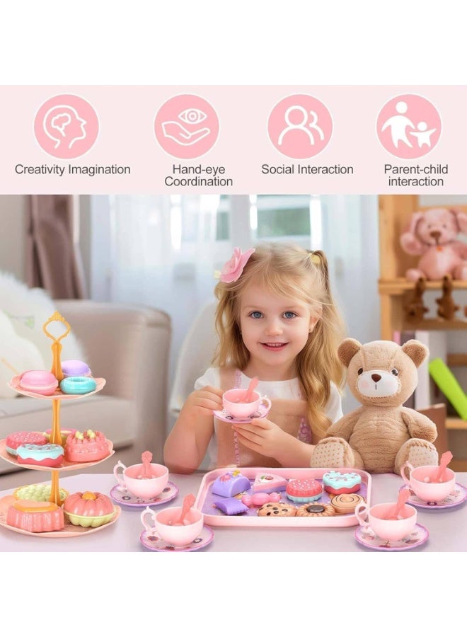 Mitoy Tea Set for Little Girls, Princess Tea Time Toys Playset, Afternoon Tea Toys Set for Kids, Teapot Dishes Dessert & Carrying Case, Kitchen Pretend Play Tin Tea Party Set Gifts for Kids - Image 4